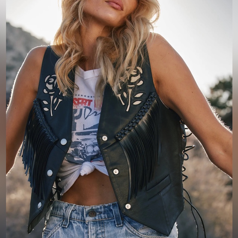 12th Tribe Lennon Black Faux Leather Fringe Vest